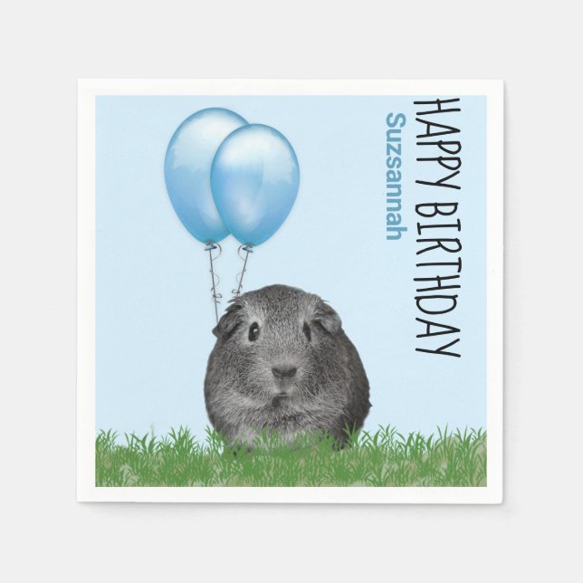 Custom Name Birthday Guinea Pig Blue Balloons Napkin (Front)