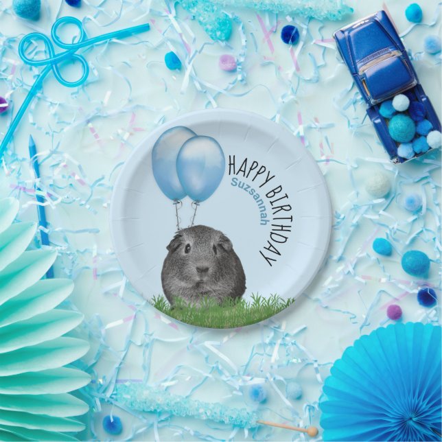 Custom Name Birthday Guinea Pig Blue Balloons Paper Plate (Party)