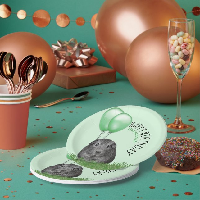 Custom Name Birthday Guinea Pig Green Balloons Paper Plate (Multi)