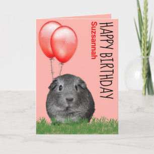 Custom Name Birthday Guinea Pig Red Balloons Card