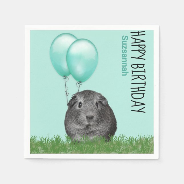 Custom Name Birthday Guinea Pig Teal Balloons Napkin (Front)