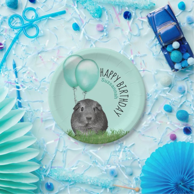 Custom Name Birthday Guinea Pig Teal Balloons Paper Plate (Party)