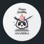 Custom Name Birthday Large Clock<br><div class="desc">Celebrate with a twist! This unique birthday design blends the edgy pastel goth aesthetic with a touch of sweetness. Featuring a cute, rosy-cheeked skull topped with a melting pink birthday candle, it’s the perfect statement piece for those who love alternative styles. The bold "Happy Birthday" script and minimalist confetti accents...</div>