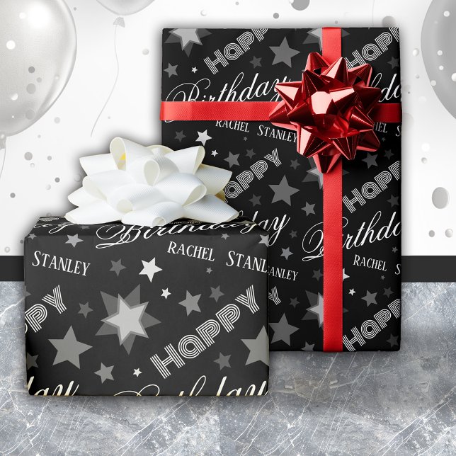 Custom Name Birthday Modern Script Stars  Wrapping Paper (Creator Uploaded)