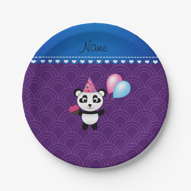 Custom name birthday panda purple half circles paper plate (Front)