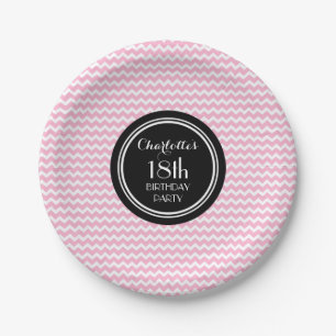 Custom Name Birthday Plates Pink Black Chevron