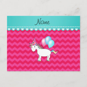 Custom name birthday unicorn hot pink chevrons postcard
