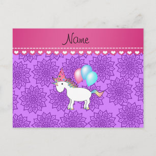 Custom name birthday unicorn pastel purple flowers postcard