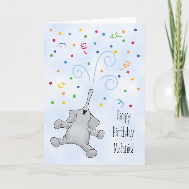 Custom Name Birthday with Joyful Elephant Card (Front)