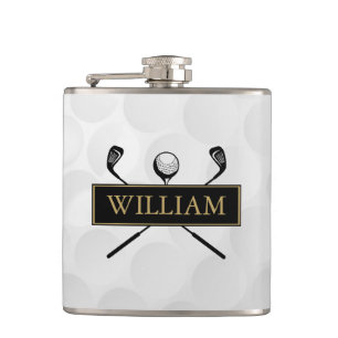 Custom Name Black And Gold Clubs And Ball Hip Flask