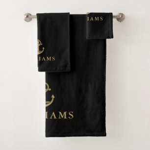 Custom Name Black And Gold Nautical Boat Anchor Bath Towel Set