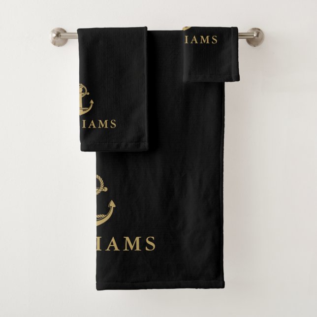 Custom Name Black And Gold Nautical Boat Anchor Bath Towel Set (Insitu)