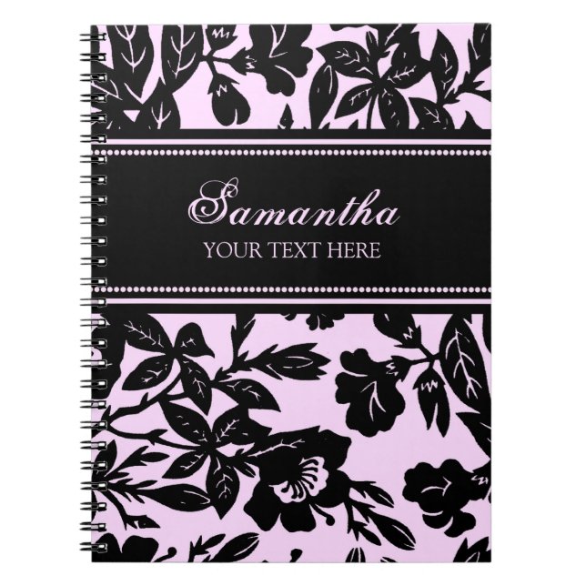 Custom Name Black and Pink Floral Notebook (Front)