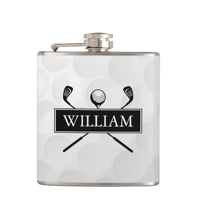 Custom Name Black And White Clubs And Ball Hip Flask (Front)