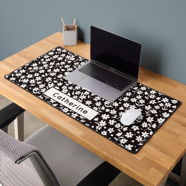 Custom Name Black and White Floral Office Decor Desk Mat (Office 2)