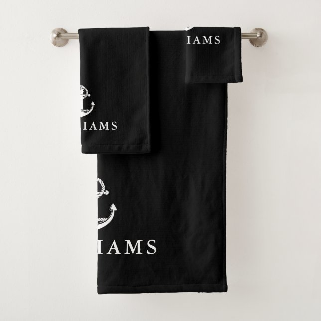 Custom Name Black And White Nautical Boat Anchor Bath Towel Set (Insitu)
