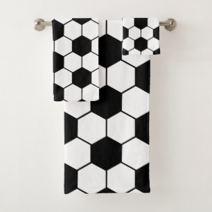 Custom name Black and white Soccer ball pattern Bath Towel Set
