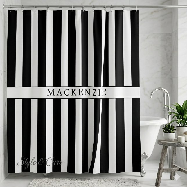Custom Name Black and White Vertical Striped (Custom Name Black and White Vertical Striped Shower Curtain)