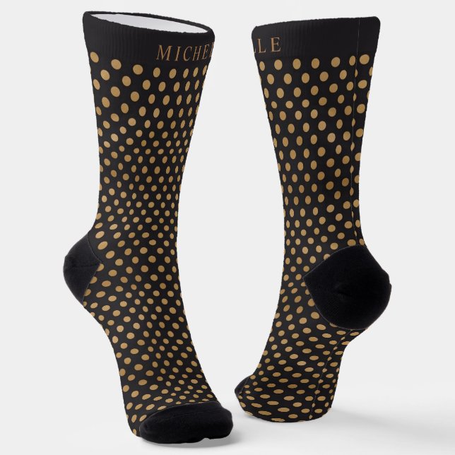 Custom Name Black Background Brown Polka Dot Socks (Angled)