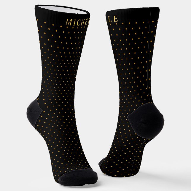Custom Name Black Background Yellow Polka Dot Socks (Angled)