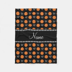 Custom name black basketballs and hearts fleece blanket