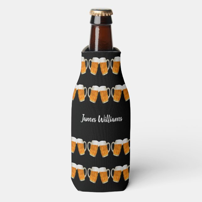 Custom Name Black Beer Pattern Personalized Bottle Cooler (Bottle Front)