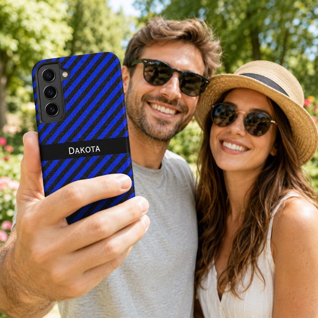 Custom Name Black & Blue Textured Diagonal Stripes Samsung Galaxy S22+ Case (Custom Name Black & Blue Textured Diagonal Stripes Samsung Galaxy Case)