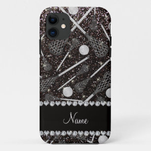Custom name black glitter lacrosse sticks iPhone 11 case