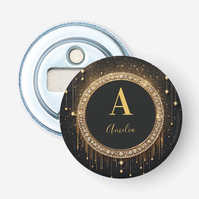 Custom Name Black Glitter Monogram Letter Bottle Opener (Front)