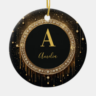 Custom Name Black Glitter Monogram Letter Ceramic Ornament
