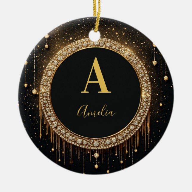 Custom Name Black Glitter Monogram Letter Ceramic Ornament (Front)