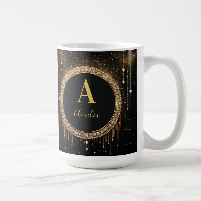 Custom Name Black Glitter Monogram Letter Coffee Mug (Right)