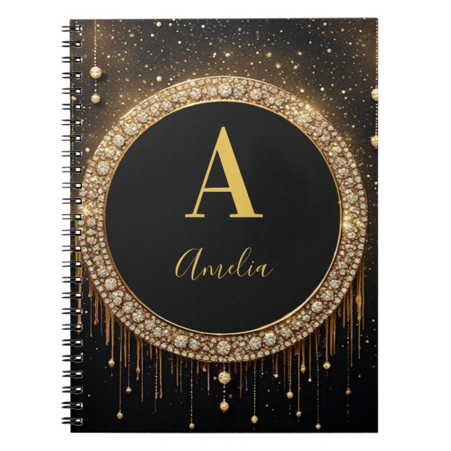 Custom Name Black Glitter Monogram Letter Notebook (Front)