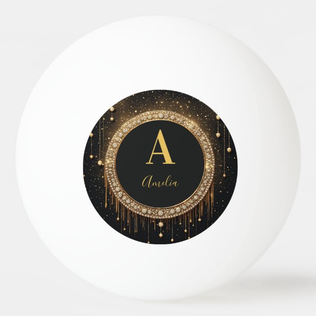 Custom Name Black Glitter Monogram Letter Ping Pong Ball (Front)