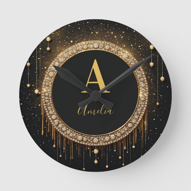 Custom Name Black Glitter Monogram Letter Round Clock (Front)