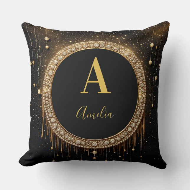 Custom Name Black Glitter Monogram Letter Throw Pillow (Front)