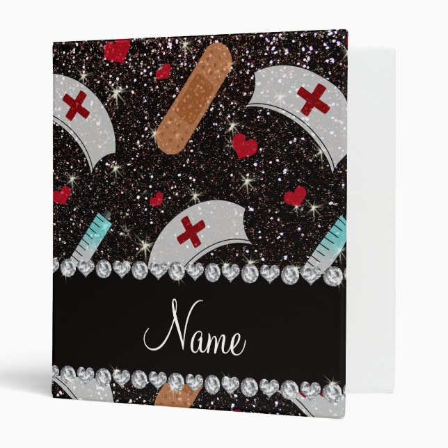 Custom name black glitter nurse hats heart binder (Front/Inside)