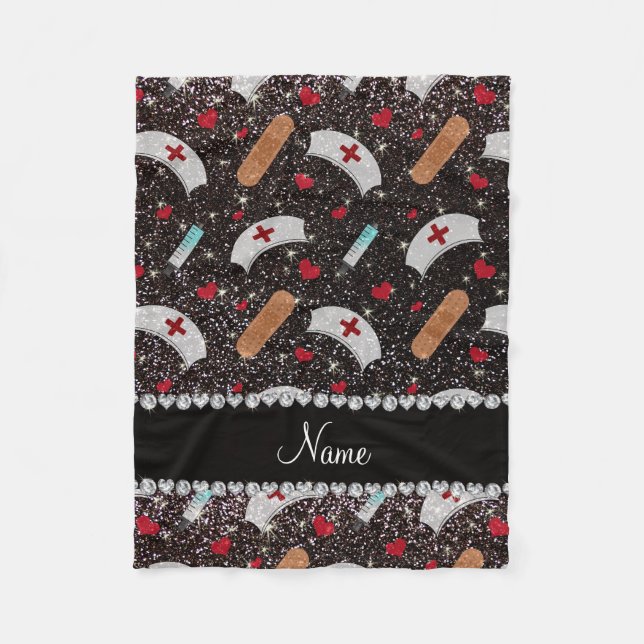 Custom name black glitter nurse hats heart fleece blanket (Front)
