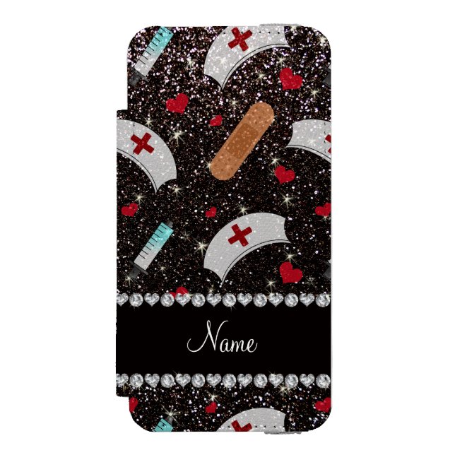 Custom name black glitter nurse hats heart incipio iPhone wallet case (Folio Front)