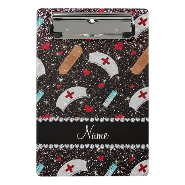 Custom name black glitter nurse hats heart mini clipboard (Front)