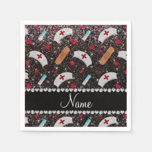 Custom name black glitter nurse hats heart napkin