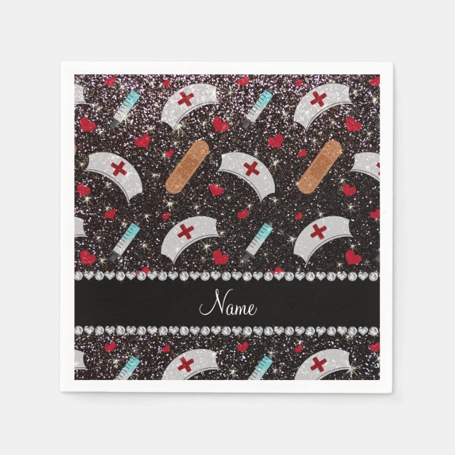 Custom name black glitter nurse hats heart napkin (Front)