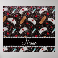Custom name black glitter nurse hats heart