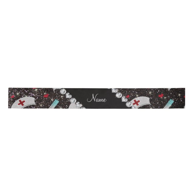 Custom name black glitter nurse hats heart satin ribbon (Front)