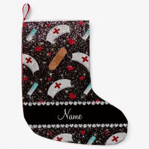 Custom name black glitter nurse hats heart small christmas stocking