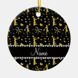 Custom name black gold cheerleading bows hearts ceramic ornament