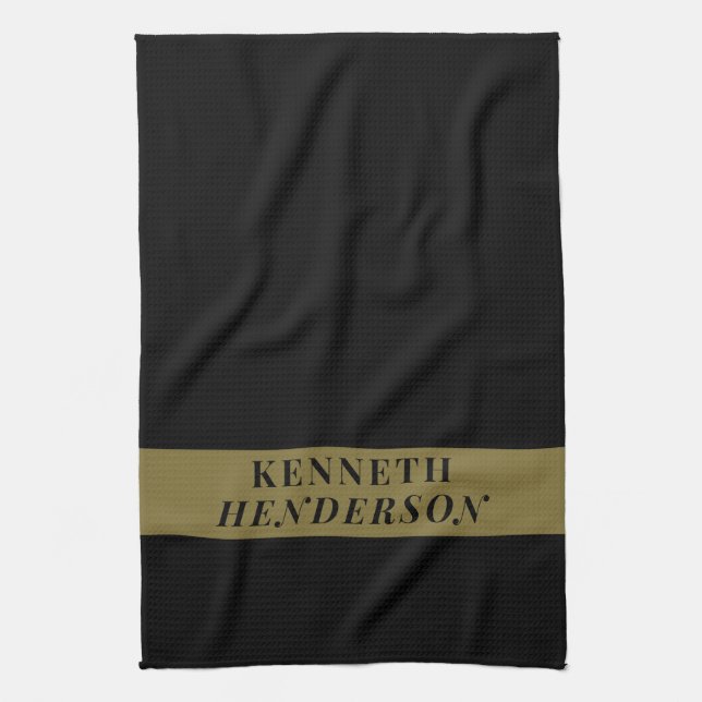 Custom Name Black Gold Modern Minimalist Men Chef Kitchen Towel (Vertical)