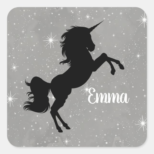 Custom Name Black/Gray Galaxy Star Unicorn Sticker (Front)