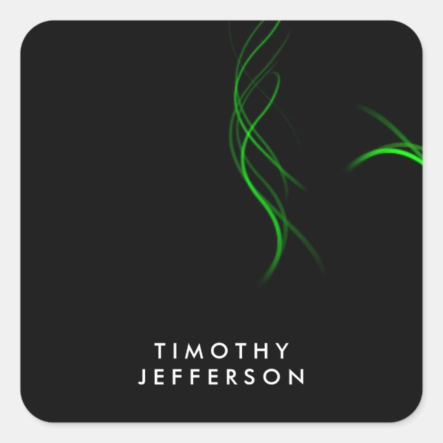 Custom Name Black Green Curves Elegant Modern Square Sticker (Front)