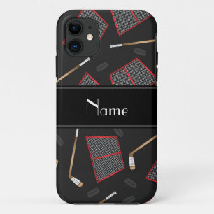Custom name black hockey sticks pucks nets iPhone 11 case
